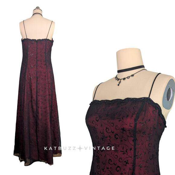 Vintage Betsy Adam Prom Dress Maxi Gown 14 Red Black Goth Y2K Whimsigoth 90s - Picture 3 of 14